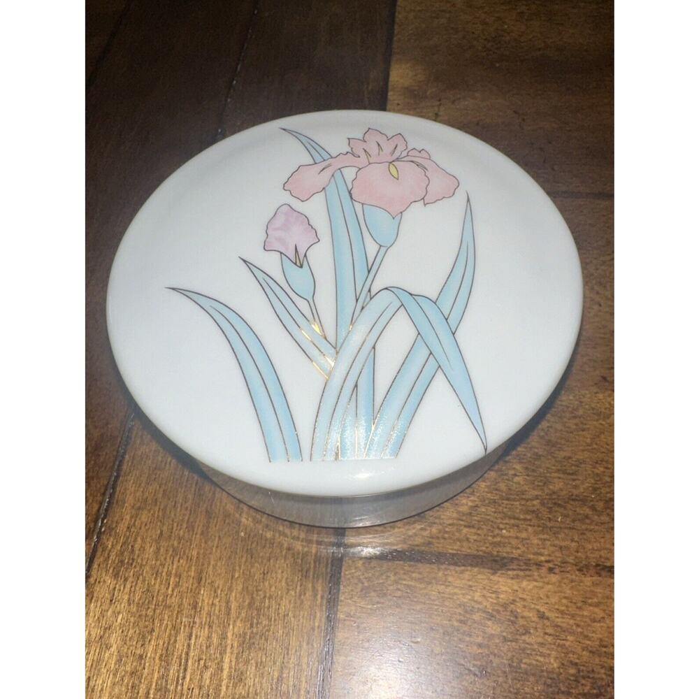Vtg Yamaji Light Pink Iris Floral Trinket Jar Gold Outline Round Japan Read